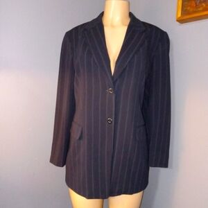 LIZ CLAIBORNE NAVY BLUE JACKET W/ PIN STRIPES & 2 BUTTON CLOSURE SZ 14